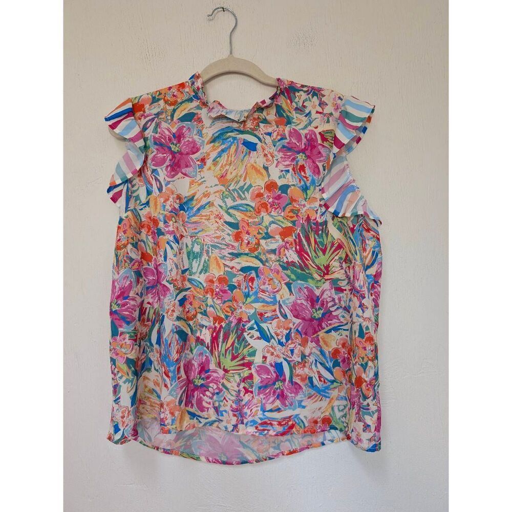 Flying Tomato Womens Floral Ruffle Flutter Sleeve Blouse Top Multicolor Sz Large